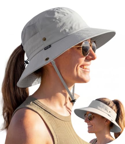 2-in-1 Womens Bucket Sun Hats, Sun Visor Hat, UPF 50+ Wide Brim, Ponytail-Friendly, Packable, Hiking Outdoor - color: Light Grey