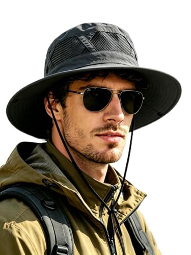 Men's Sun Hat Wide Brim Fishing Hat UPF 50+ Packable Breathable Mesh Bucket Hat for Outdoors Hiking Safari Beach