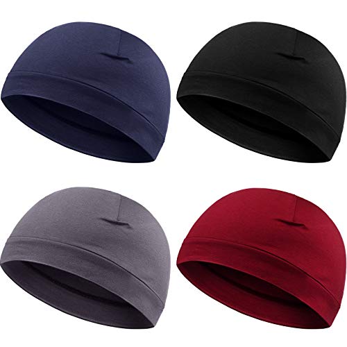 Syhood 4 Cotton Skull Caps for Men Women Sleep Night Hat Beanie - color: Gray, Wine Red, Navy Blue, Black