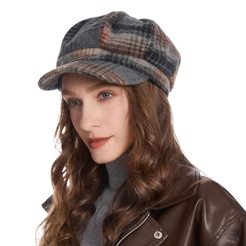 ZLYC Women Classic Newsboy Cap Visor 8 Panel Gatsby Cabbie Paperboy Hat - color: Plaid Brown and Gray