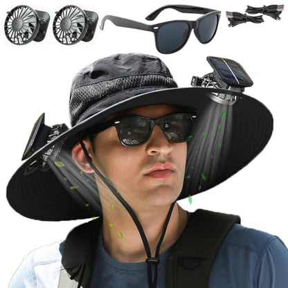 Fishing Hats with Sunglasses, Wide Brim Sun Hat with 2 Solar Fan, USB & Solar Powered Fishing Hats, Solar Fan Hats UPF 50+ - color: Black
