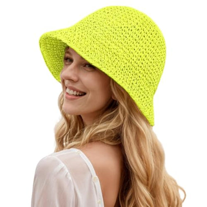 Womens Floppy Straw Sun Hat Packable Wide Brim Summer Beach Hat Foldable Crochet Bucket Hats - color: Fluorescent Color