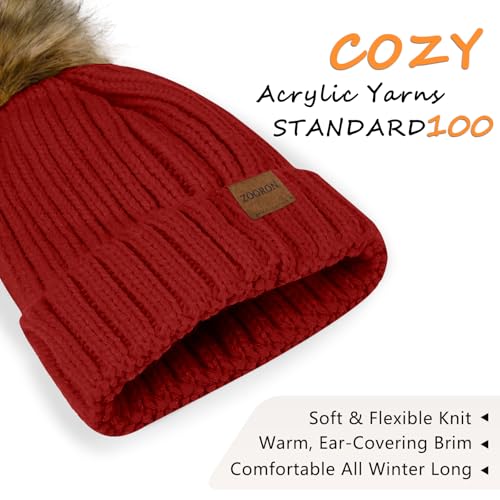 ZOORON Womens Winter Knitted Beanie Hat with Faux Fur Pom Beanie Warm Knit Skull Cap Beanie for Women - color: 1wine Red