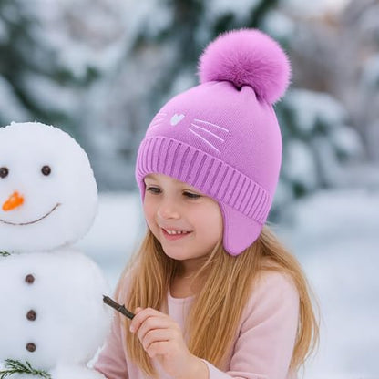 Girls Beanie Knit Hat with Ear Flaps Rainbow Cat Hats Toddler Kids Winter Outdoor Skull Snow Ski Cap Age 2-10 - color: Purple, size: 2-4T
