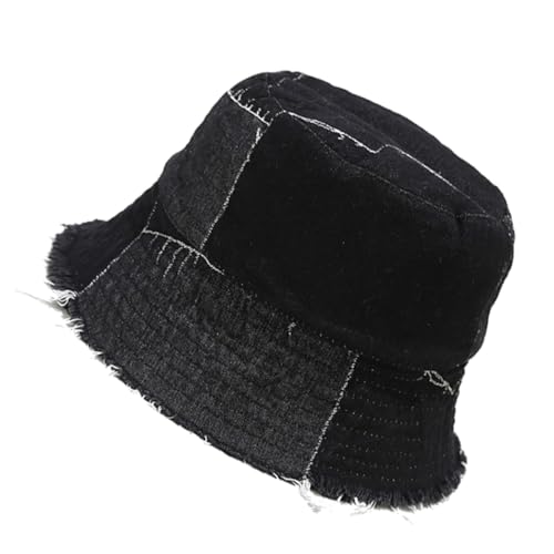 Quanhaigou Frayed Unisex Sun Hats, Fashion Beach Bucket Hat for Men Women,Summer Outdoor Boy's Girls Boonie Cap - color: Irregular Denim Black