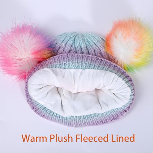 Girls Rainbow Pom Pom Beanies Hats Winter Knit Fleece Lined Beanie Hat for Kids Outdoor Snow Ski Skull Cap Age 7-12 - color: Pompom-multi Rainbow(fleece Lined)