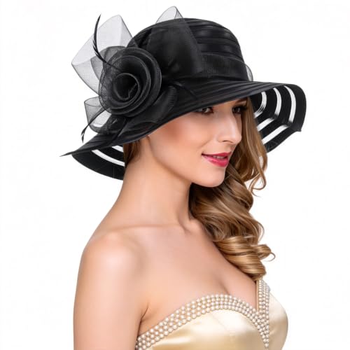 Ruphedy Women Derby Church Dress Bucket Hat Fascinators Tea Party Wedding Hat - color: S017-black