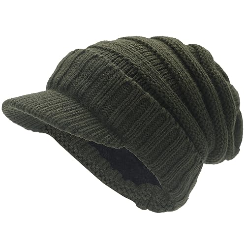 Ruphedy Mens Beanie with Brim Winter Hat Knitted Thick Fleece Visor Beanie - color: B320-green