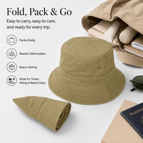 Cotton Bucket Hat Packable Beach Sun Hat for Women Men - color: Camelbrown