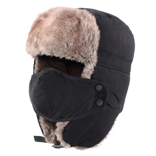 Home Prefer Mens Warm Faux Fur Trooper Trapper Hat Outdoor Reflective Winter Hunting Hat with Ear Flaps Face Mask - color: Black