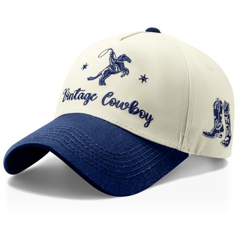 JaGely Two Tone Western Cowboy/Cowgirl Trucker Hat for Women Men Gift Vintage Embroidered Country Baseball Cap - color: Navy Blue, style: Vintage Cowboy