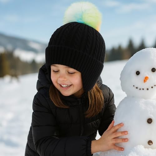 Toddler Earflap Beanie Hat with Rainbow Pom for Little Girls Knitted Beanies Kids Winter Skiing Caps Age 3-8 - color: Black