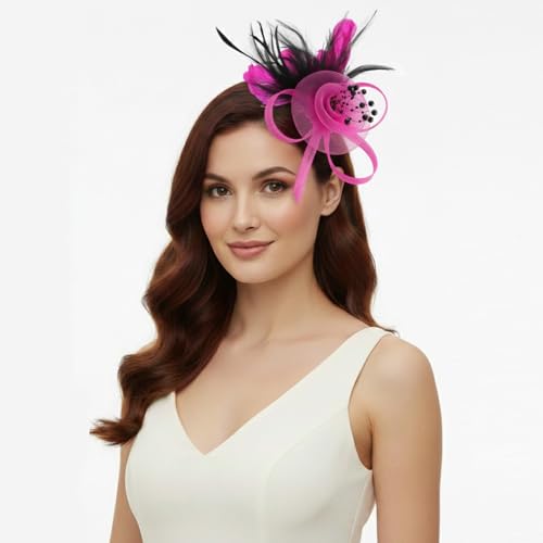 DRESHOW Fascinators Hats for Women Tulle Feather Tea Party Fascinator Hats - color: Fuchsia & Black
