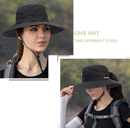 Womens Summer Sun Hat Beach Hat Wide Brim Outdoor UV Protection Bucket Hat - color: Solid Black