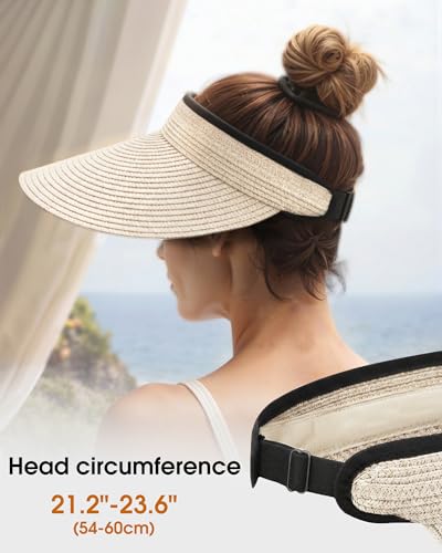 Sun Visor Hats for Women, Summer Straw Beach Ponytail Hat - color: Dark Beige