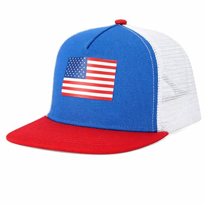 BROMZ Kids Youth American Flag Trucker Hat Flat Bill, Breathable Mesh Back Snapback Baseball Cap for Boys Girls 5-15 Years - color: Blue/Red/Us Flag