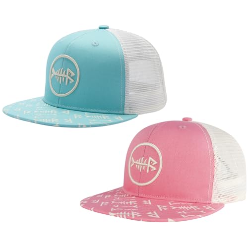 BASSDASH 2 Pack Flat Brim Trucker Cap Adjustable Snapback Hat Mesh Back for Men Women Fishing Hunting - color: Pack of 2, Turquoise & Pink