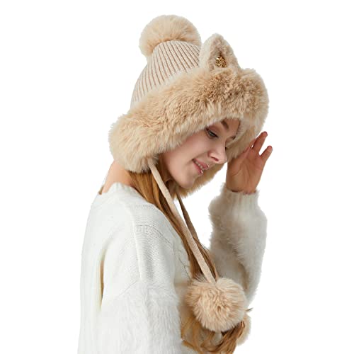 HUAMULAN Women Winter Sherpa Knit Beanie Hat Fleece Lined Ear Flaps - color: Beige Solid