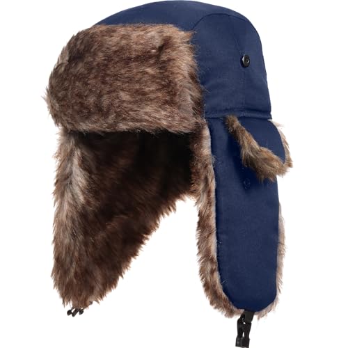 SATINIOR 1 Pcs Unisex Trapper Hat with Chin Strap Earflaps Hat - color: Navy Blue