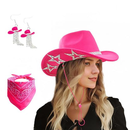 SHENYI Cowgirl Hat and Bandana and Heart Sunglasses Glitter Rhinestone Star Cowboy Hat Western Sparkly Hats for Women Men - color: Cowgirl Hot Pink