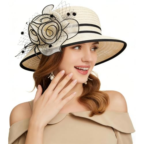 Women's Kentucky Derby Church Dress Hat Wide Brim Leaf Flower Bridal Shower Hat - color: R7 Beige,black Edge