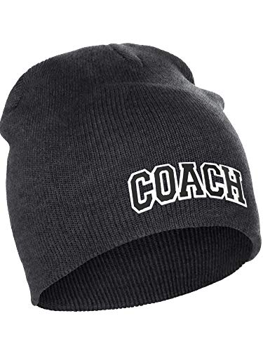 I&W Sports Team Coach Arch Letters Winter Knit Cuffless Beanie 3D Raised Layers - color: Charcoal Beanie White Black