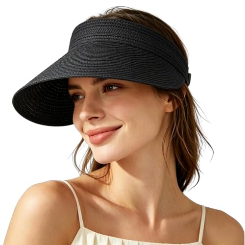 Straw Sun Visors Womens, Ponytail Beach Straw Visor, Packable Summer Sun Hats for Women Travel - color: Black