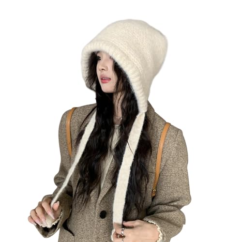 LumiSyne Winter Wool Knitted Hat Adjustable Drawstring Dual Purpose Earflap Hat and Knitted Bag Slouch Beanie Baggy Skull Cap - color: Beige
