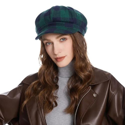 ZLYC Women Classic Newsboy Cap Visor 8 Panel Gatsby Cabbie Paperboy Hat - color: Plaid Dark Green