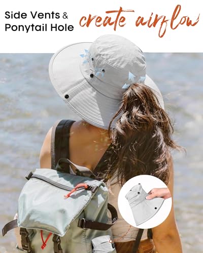 FURTALK Sun Hats for Women Wide Brim Bucket Hat Ponytail Hole Outdoor UPF - color: Grey