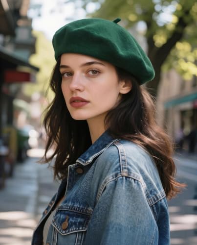 Wool French Beret Hats for Women Classic Winter Beanie Cap - color: Forest Green