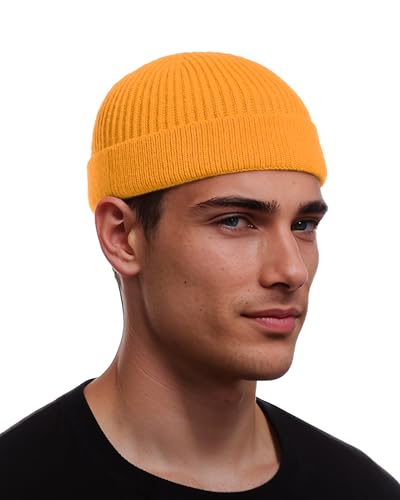 vidsel Thin Wool Fisherman Beanie for Men Short Knit Cuff Trawler Watch Hat - color: 1pcs-yellow