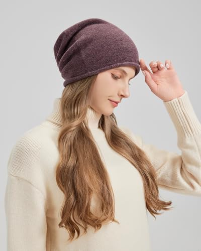 100% Merino Wool Slouchy Beanie Hat, Women Warm Winter Caps Soft, Ladies Breathable & Cozy Stretchy Knitted Skull Cap - color: Purple