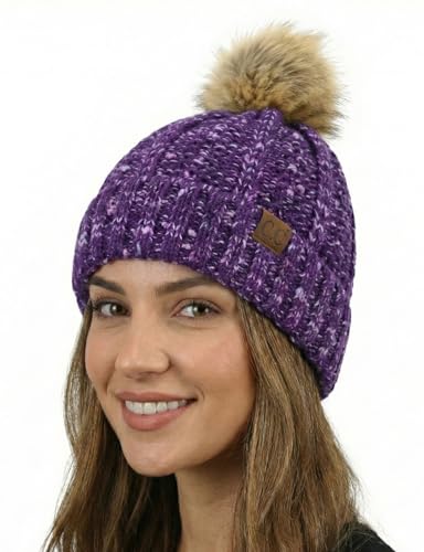 C.C Women’s Popcorn Confetti Knit Beanie Fuzzy Insulated Lined with Faux Fur Pom – Warm Winter Hat & Cozy Skull Cap - color: Purple