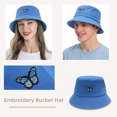 ZLYC Cotton Bucket Hat for Women Men Embroidered Packable Summer Sun Cap - color: Butterfly Blue