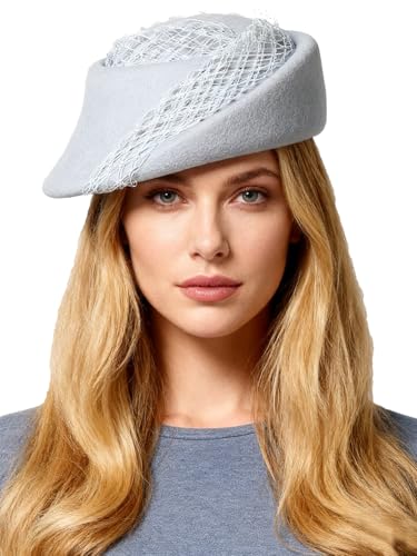 Small Top Hats for Women Elegant Winter Vintage Beret Wool Felt Fedoras Ladies Luxury Wedding and Church Cap Female - color: Light Blue