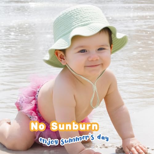 Muslin Baby Sun Hat Sun Protection Baby Toddler Bucket Hats for Boys Girls - color: Beige + Green, size: 2-4T