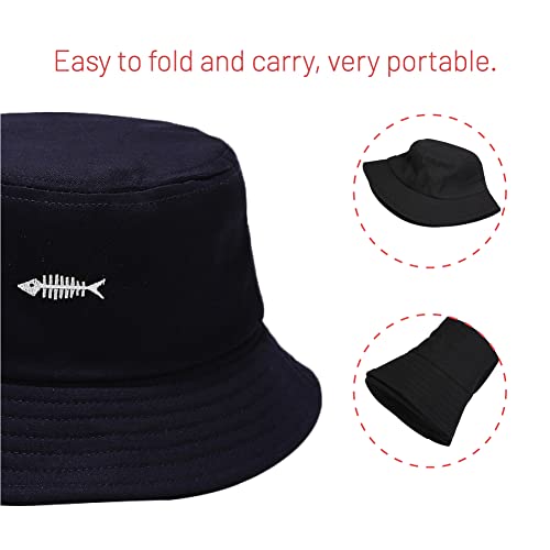 Cotton Bucket Hat for Women Men Summer Travel Sun Beach Bucket Cap, Unisex Outdoor Fisherman Hat - color: Fish Bones Black