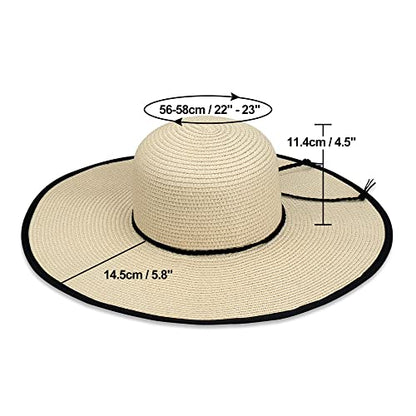 Women Wide Brim Sun Hat UPF50 Straw Summer Hat Floppy Beach Hat Roll-Up - color: Tie Beige