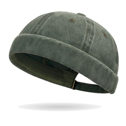 Sailor Brimless Skull Hat, Washed Cotton Docker Hat for Men Vintage - color: Green