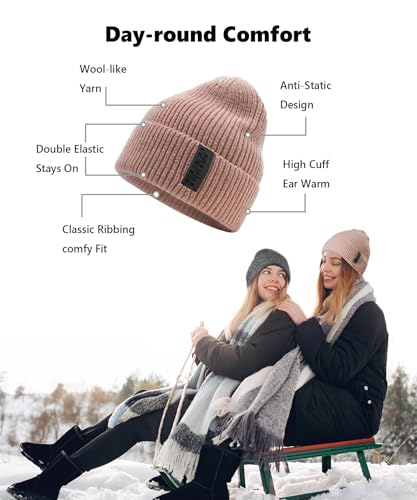 EMPIRELION Wool-Like Cuff Beanie, 0% Wool Itch-Free, Thick Thermal Knit Warm Winter Hats,Soft Stretch Outdoor Cap - color: Iced Sakura