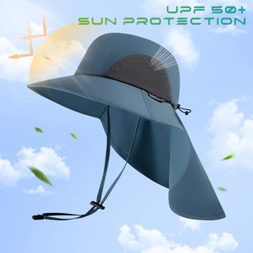 UPF 50+ Foldable Sun Hats Wide Brim with Large Neck Flap for Men Women UV Protection Gardening Fishing Beach Hat - color: Pack of 2, Navy Blue & Stone Blue