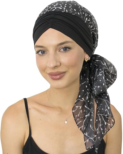 CAPLORD Chemo Headwrap for Women Turban Headwear for Cancer Patients Skull Cap Hair Loss Cover Lightweight Head Covering Hat - color: Black White Twigs