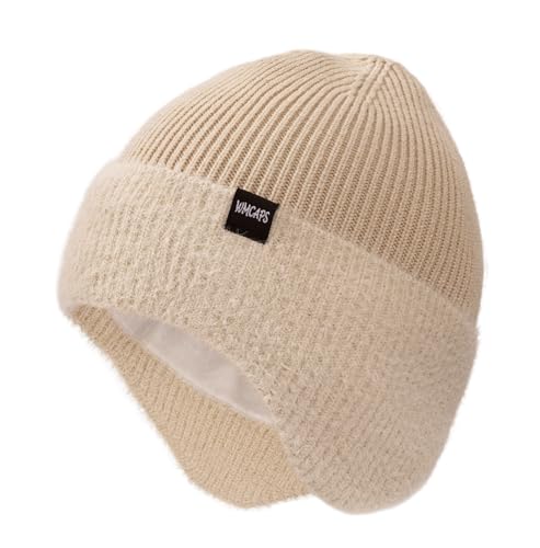 Wmcaps Winter Fleece Lined Beanie with Earflaps for Men Women Outdoor - color: Beige