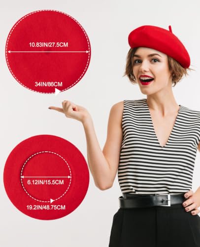 French Beret Hats for Women - Soft Warm Wool Solid Color Beanie Winter Cap - color: Red