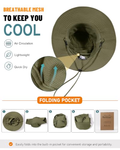 Womens Ponytail Sun Hat UPF50+ Waterproof Bucket Hat Packable Beach Hat - color: Army Green