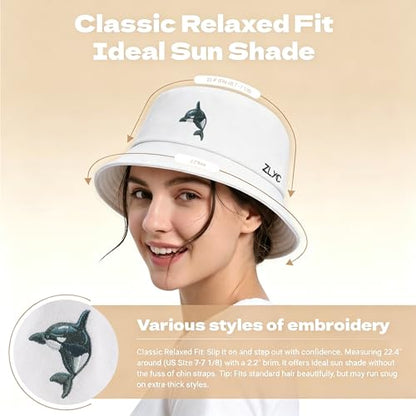 ZLYC Cotton Bucket Hat for Women Men Embroidered Packable Summer Sun Cap - color: Whale White