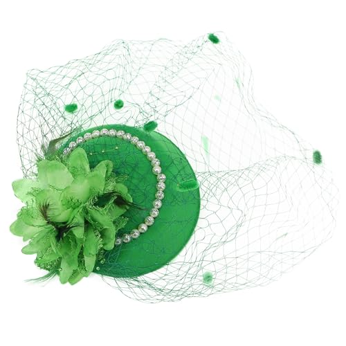 Fascinator Pillbox Hat for Women, Feather Flower Pearls Hair Headwear Veil - color: Green