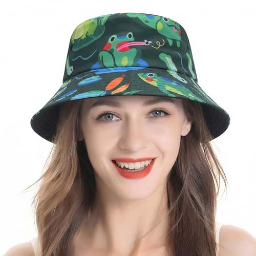 ZLYC Printed Bucket Hat for Women Men Packable Summer Sun Hat for Beach - color: Frog Pond Green