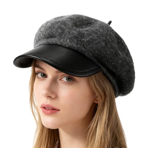 Andiker Beret Hats for Women, Warm Wool Blend and PU Leather Newsboy Hat, Fashion Vintage Ladies Winter Hat - color: Grey